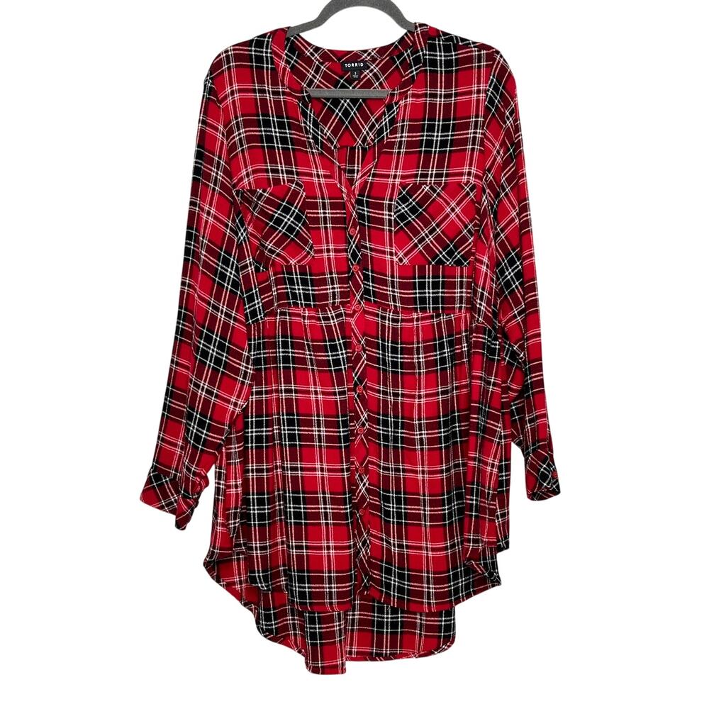 Torrid Plaid Button Front Tunic Top Red Black Tartan Long Sleeve Plus Size 3X